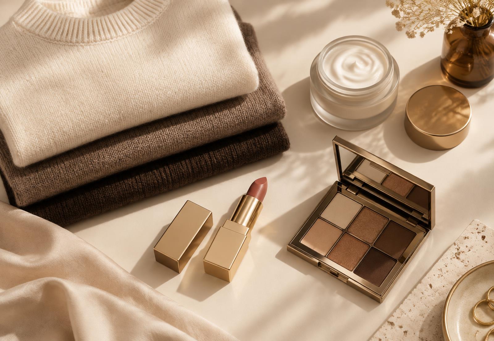 Folded clothing, lipstick, eyeshadow palette and moisturizer on a neutral background